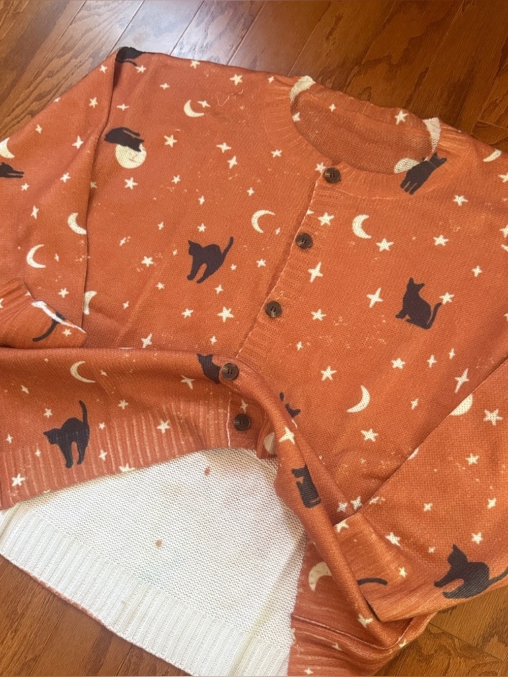 Black Cat Moon & Stars Cardigan Rusty Orange Halloween Sweater - Picture 5 of 10